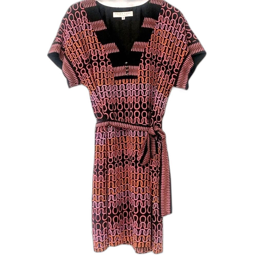 Trina Turk Dress Sz 8 100% Silk Chain link Pattern Art Deco Office Casual